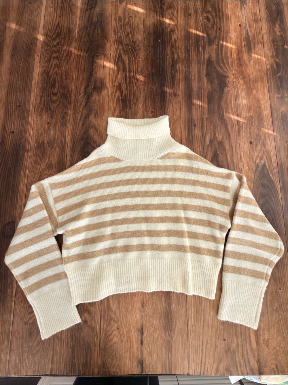 Double Zero Cream and Tan Striped Cropped Turtleneck Sweater